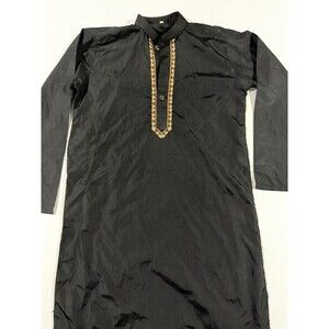 Black Cotton Men's Kurta Gold Embroidered Placket, Long Sleeve, Band Collar